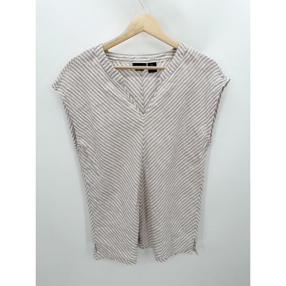 Tahari Top Women SMALL Purple White Striped V-Neck Cap Sleeve 100% Linen - Picture 1 of 7